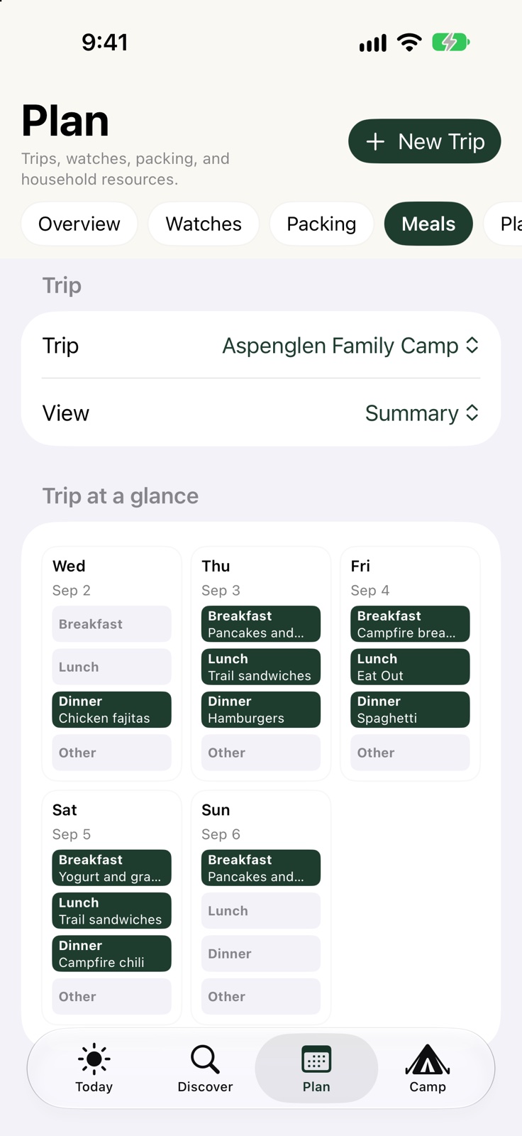 CampPro meal summary with different meals scheduled across the trip