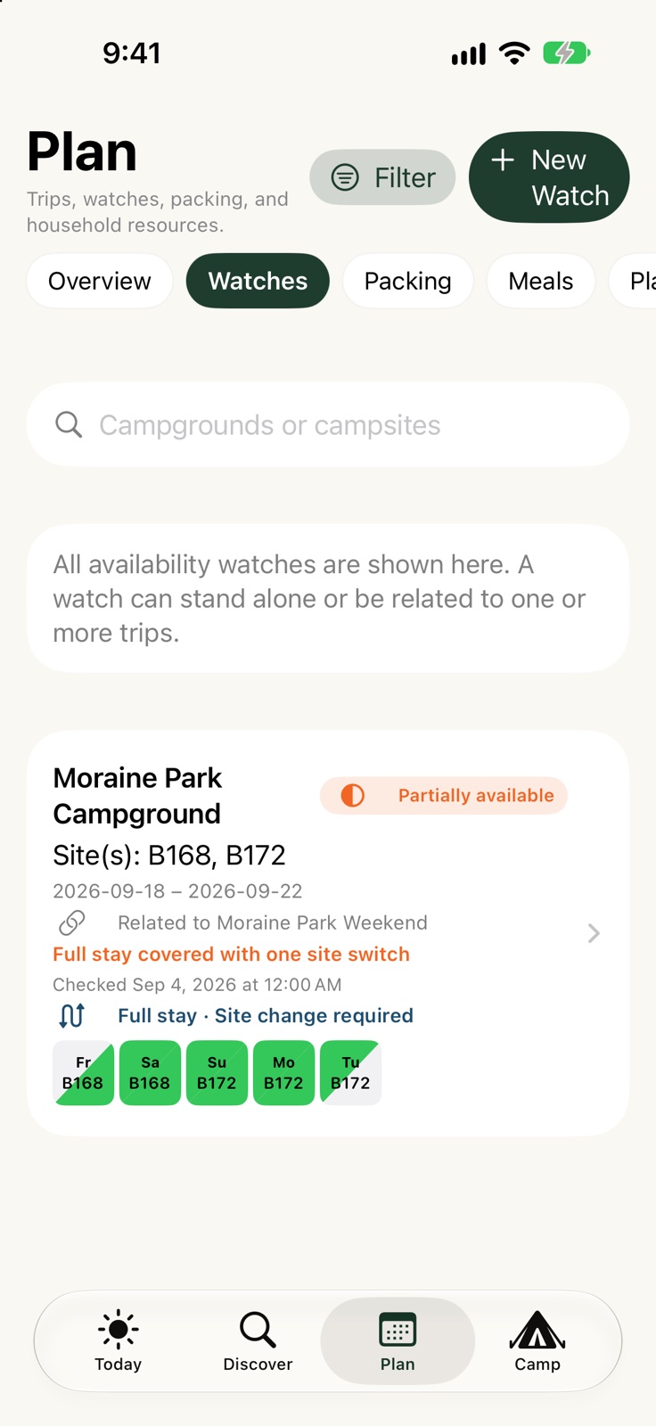 CampPro Watch showing full-stay coverage with a switch from site B168 to B172