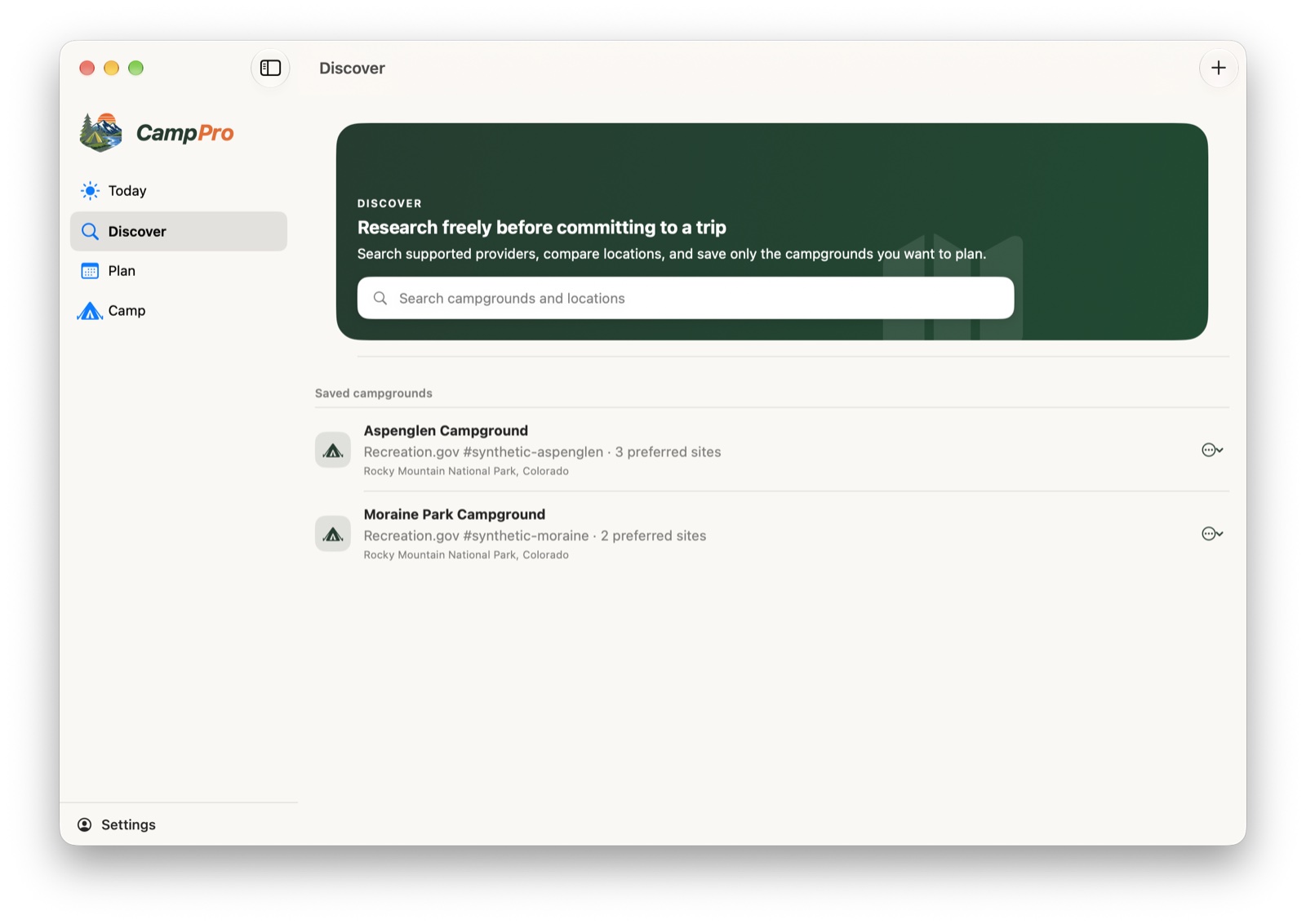 CampPro Discover screen
